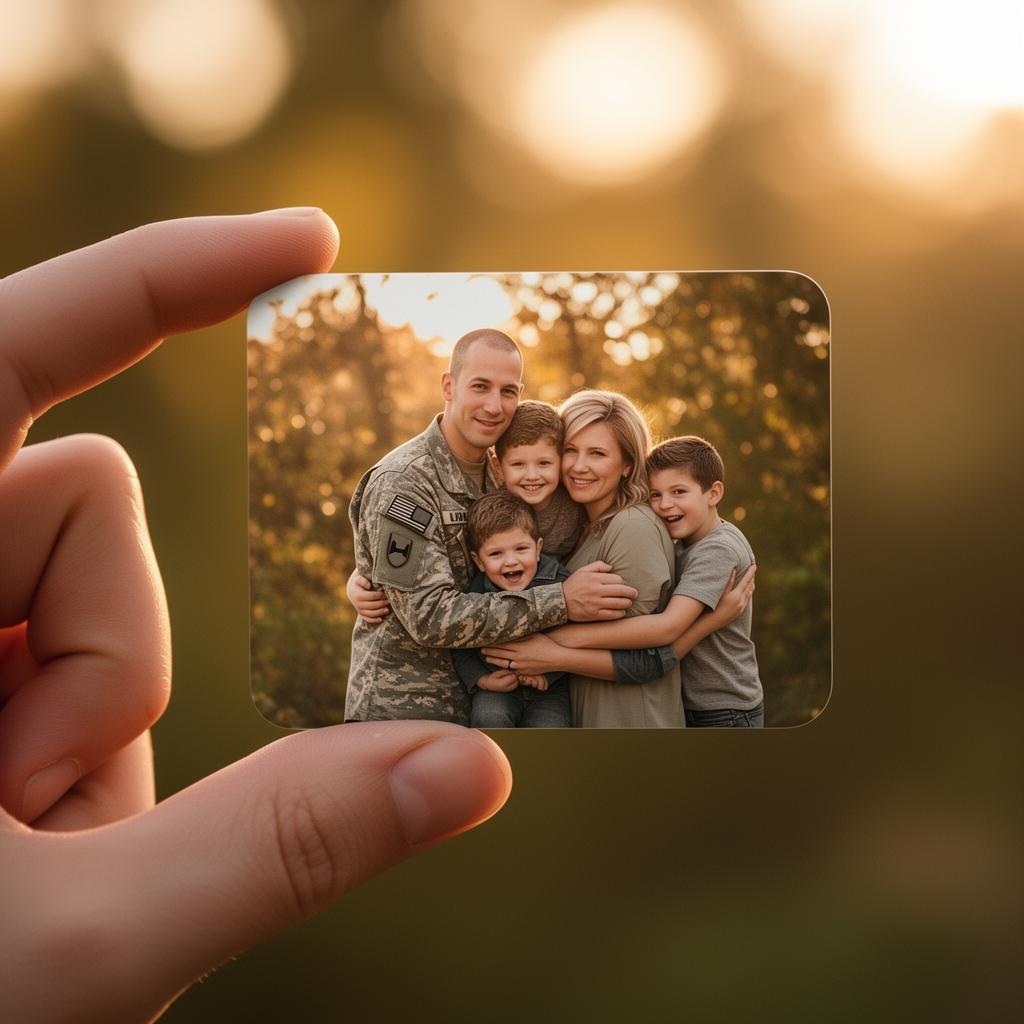 A soldier and his family — a wallet-sized photograph meant to be carried through deployment.